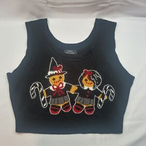 Social Collision Goth Gingerbread Knit Sweater Vest Black Crop Top Womens L